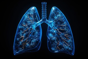 human anatomy lung medical illustration in blue and black, in the style of 3d, simple, black background. Generative AI