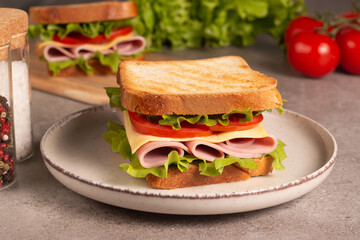 Close-up of two sandwiches with bacon, salami, prosciutto and fresh vegetables on rustic wooden cutting board. Club sandwich concept - 752431086