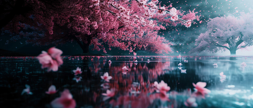 Cherry blossom tree mirroring in a serene calm lake, dark atmosphere, pink flowers. Beautiful natural spring landscape,
