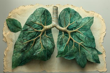 lung a diagram with green leaves, in the style of shaped canvas, double exposure, intricate illustrations. Generative AI