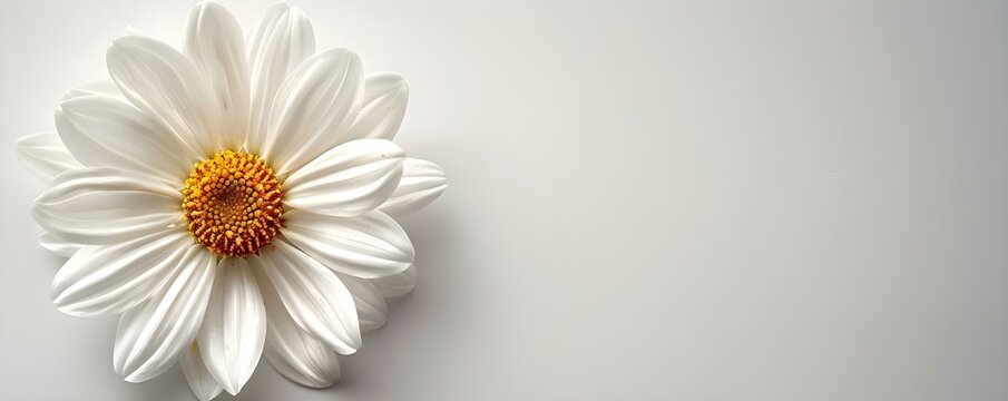 Symbolizing purity: A simple and elegant white daisy on a clean white backdrop. Concept Flower Photography, Minimalist Composition, White Aesthetic, Symbolic Imagery, Nature Still Life