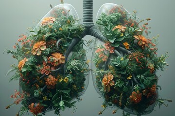 lungs made out of plants and leaves,, in the style of graphic design poster art, transparent layers, shaped canvas, aerial view. Generative AI