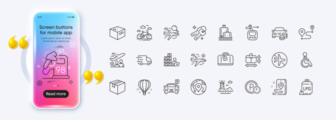 Place, Passenger and Office box line icons for web app. Phone mockup gradient screen. Pack of Pin, Parcel, Parking time pictogram icons. Buy car, Search flight, Truck delivery signs. Vector