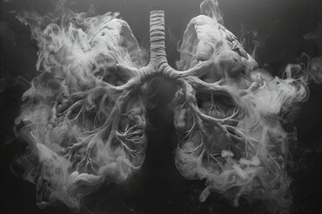 smoke and cigarettes inside the lungs, in the style of photorealistic still life, chalky, shaped canvas, bio-art, light white and dark gray, ad posters. Generative AI - obrazy, fototapety, plakaty