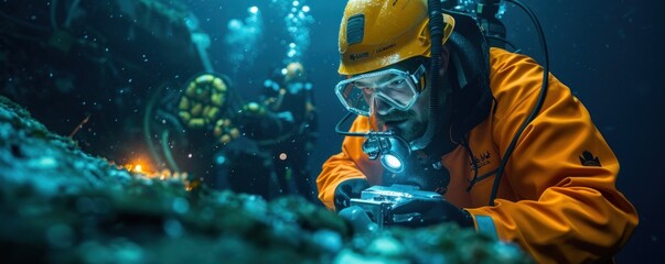 Biologist Uncovering Secrets in the Depths. Exploring the Underwater World of Marine Life, Shipwrecks, and Coral Reefs Through Adventure and Exploration - obrazy, fototapety, plakaty