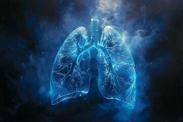 the lungs in blue light, in the style of black background, photorealistic pastiche, detailed anatomy, light emerald and sky-blue. Generative AI - obrazy, fototapety, plakaty