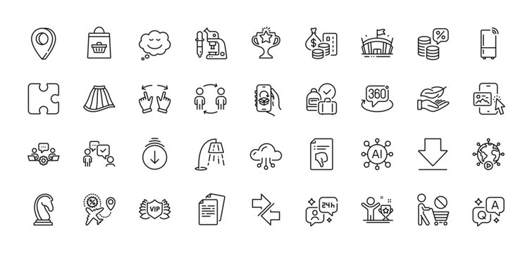 Victory, Microscope and Teamwork line icons pack. AI, Question and Answer, Map pin icons. Lightweight, Money tax, Phone image web icon. Scroll down, Video conference, 360 degree pictogram. Vector