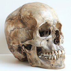 a human specimen with teeth, in the style of photorealistic still life, rounded, skull motifs, photo-realistic techniques, white background. Generative AI