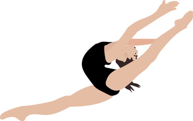A vector illustration depicts a gymnast performing a split jump against a white background. The illustration captures the dynamic movement with elegance and grace, showcasing the gymnast's flexibility