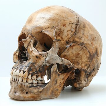 a human specimen with teeth, in the style of photorealistic still life, rounded, skull motifs, photo-realistic techniques, white background. Generative AI