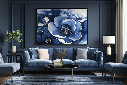 Indigo Floral Poster Boho Style Print Featuring Navy Blue Flowers for Living Room Wall Art