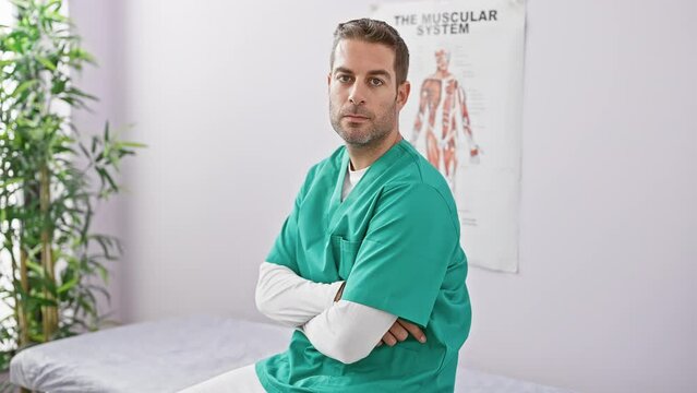 Confident man in scrubs crossing arms in a clinic examination room with anatomical poster in the background.