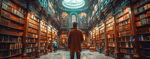 Librarian Curating Stories in a Magical Ancient Library: Amidst the Towering Bookcases and Timeless...