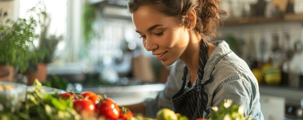 Nutritionist Consulting on a Healthy Lifestyle: A Young Woman Stands in a Bright and Welcoming Kitchen - obrazy, fototapety, plakaty