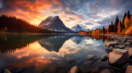 Capture the tranquil beauty of a serene lake surrounded by majestic mountains at sunrise - obrazy, fototapety, plakaty