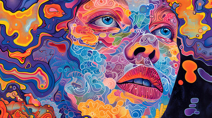 Wall Graffiti with Vector Face Tattoo Illustration, Art Mask, Design Symbol, Woman, Carnival