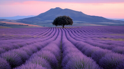 Lavender fields roll into the horizon under a twilight sky, with a solitary tree standing guard over the purple-scented rows, creating a landscape of tranquil beauty and symmetry