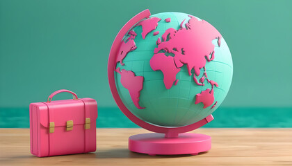 3d globe, a cute bright pink travel case on a green background