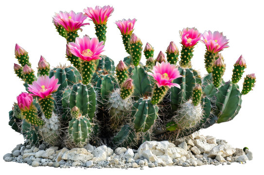 Blooming pink cactus flowers isolated on transparent background - stock png.