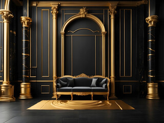 This mock-up featuring a black wall design, gold details, and columns provides a lavish background design for upscale designs