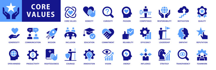 Core Values icons Set. With concepts like Communication, Generosity, Responsibility, Quality, Reputation, Competence, Curiosity, Teamwork, Honesty. Vector Flat Style Dual color collection of icons - 752433642