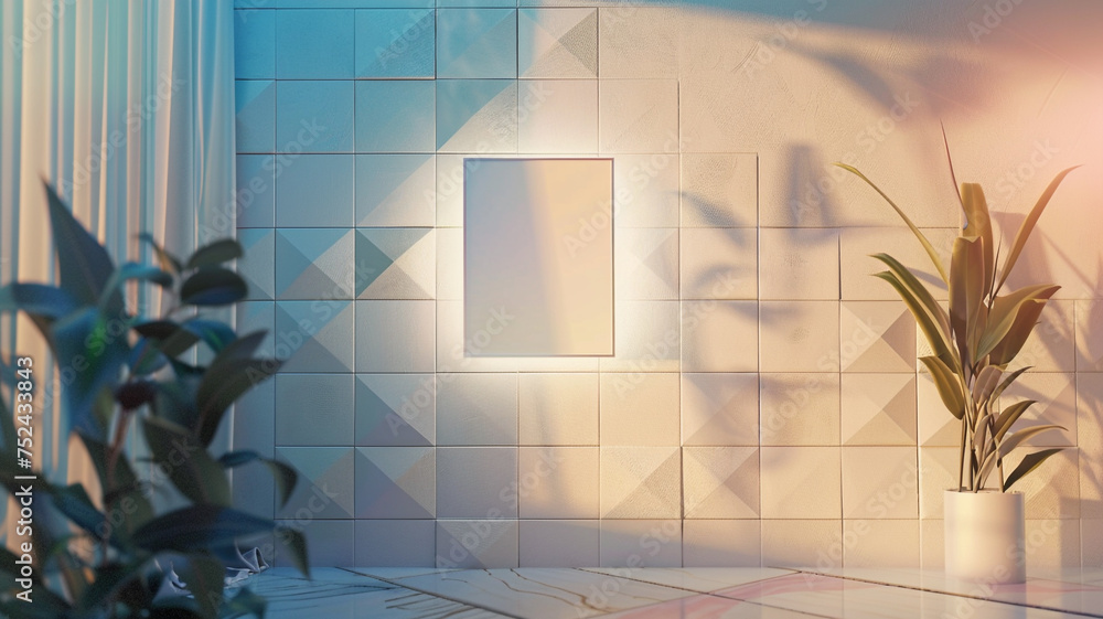 Poster a chic 3d wall frame mockup in glossy white against a geometric patterned background, offering a mod