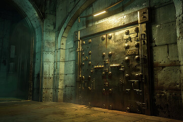 A hidden vault within the bunker, guarded by a massive vault covered in intricate locking mechanisms. - obrazy, fototapety, plakaty