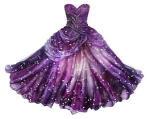 Lavender ball gown with glitter details on transparent background - stock png.
