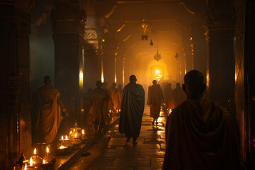 A ceremonial procession, with priests bearing sacred artifacts through the dimly lit corridors of an ancient temple.