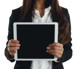 Businesswoman presenting blank tablet screen on transparent background - stock png.