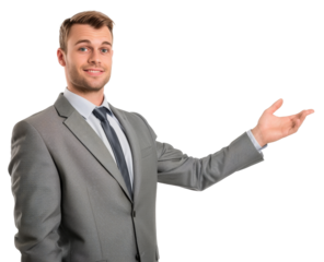 Suited man presenting with open hand on transparent background - stock png.