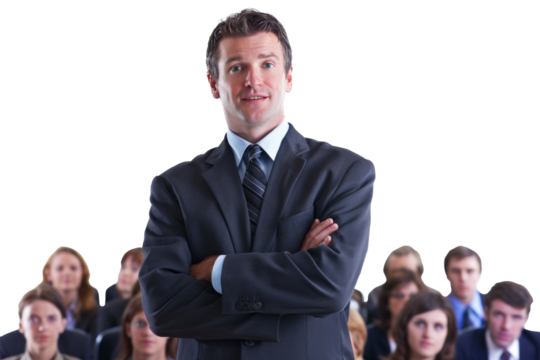 Business leader speaking to an audience on transparent background - stock png.