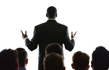 Presenter speaking to an audience from behind on transparent background - stock png.