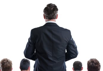 Presenter speaking to an audience from behind on transparent background - stock png.