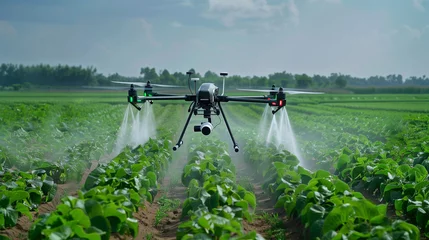 Selbstklebende Fototapeten Agricultural Sprayer Drone Over Farm Landscape: Enhancing Irrigation and Nourishment Efficiency. © LotusBlanc