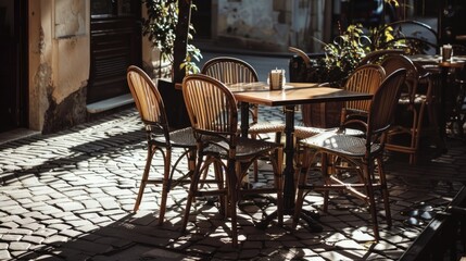 Fototapeta na wymiar tables and chairs outdoors in a street cafe ready to receive visitors