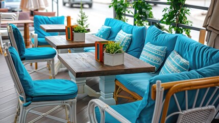 Vibrant chairs and tables at an outdoor cafe.