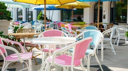 Vibrant chairs and tables at an outdoor cafe.