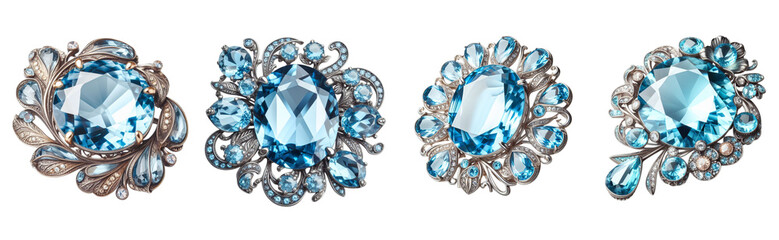 Fine jewelry with a transparent large blue stone, intricate design set against a transparent PNG background