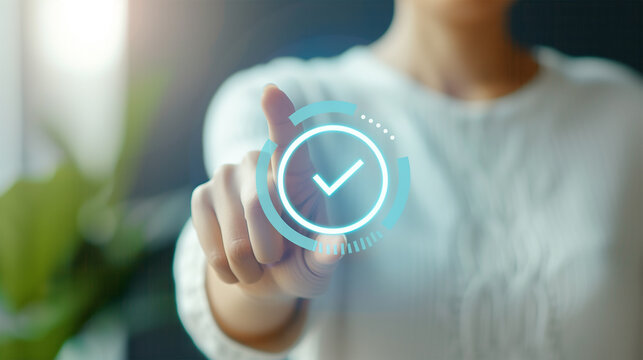 Woman's Finger Touching Digital Screen Button with Checkmark Icon - Technology, Subscribtion or Start Concept.