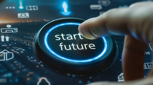 Finger Pushing Neon Button with Text "Start Future" in Futuristic and Innovation Business Concept.