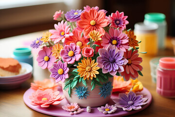 Handmade paper flowers on paper background, white and pink roses, decor for invitation. Generated by artificial intelligence