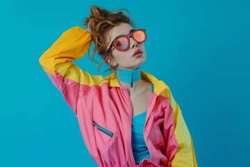 A fashionable girl in bright colorful retro-style clothes on a blue background enjoys the atmosphere of the 80s - 90s