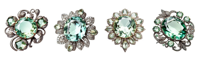 Fine jewelry with a transparent large green stone, intricate design set against a transparent PNG background