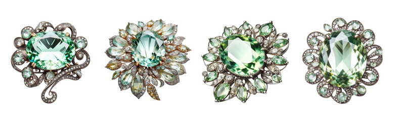 Fine jewelry with a transparent large green stone, intricate design set against a transparent PNG background