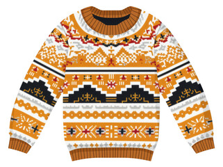 Knitted winter sweater with festive pattern on transparent background - stock png.