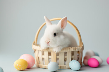 little white bunny in a basket with colorful eggs for easter on a white background in studio,...