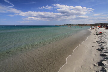 Turquoise sea water and blue sky in the beautiful beach of La Caletta, Siniscola in Sardinia, Italy