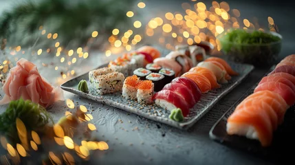 Fotobehang Sushi with tuna on a plate. A set of various sushi with tuna. Bokeh effect. AI generative © sdmin_d
