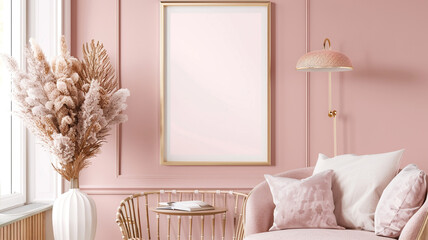 A chic 3D wall frame mockup in rose gold against a soft blush pink background, offering a romantic space for showcasing feminine typography or delicate prints.